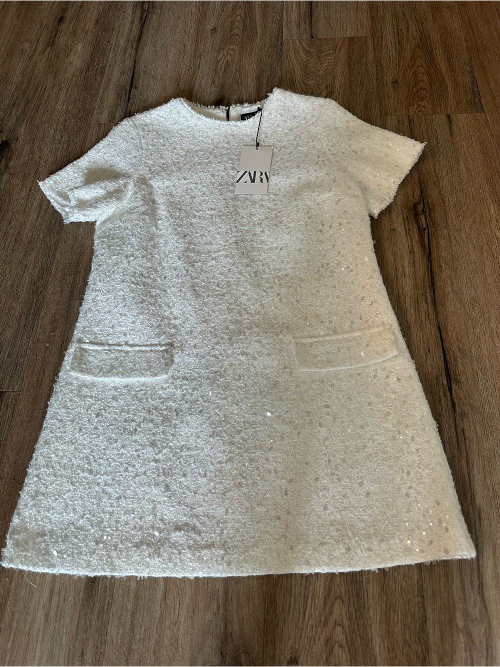 Zara White Sequin Bouclé Shift Dress for Girls